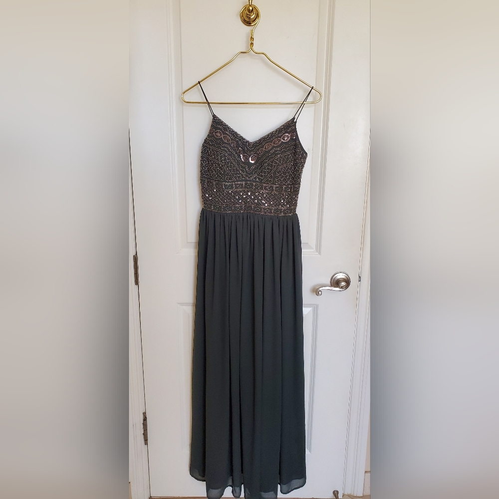 XS Elegant Dark Green Evening Dress, Beeded Bodice with Spegetti Straps